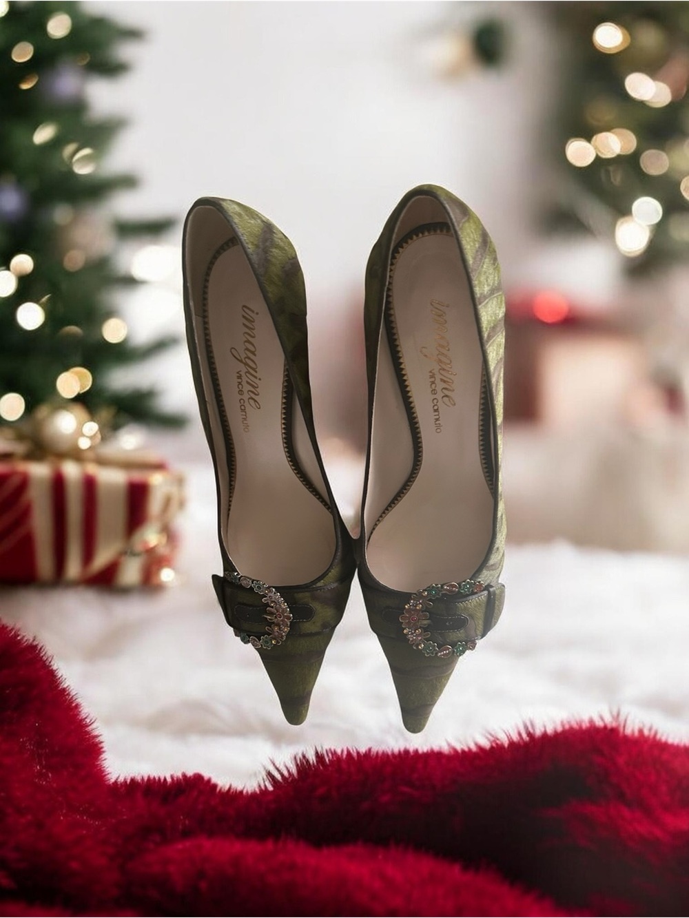 Vince Camuto Olive Green Patterned Pointed Toe Heels with Jeweled Buckle